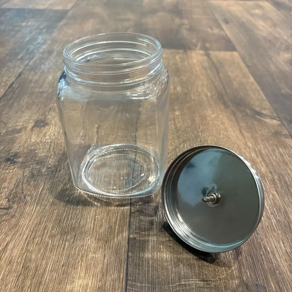 Glass Storage Canister Blue Porcelain Knob Stainless Lid Kitchen Counter Jar